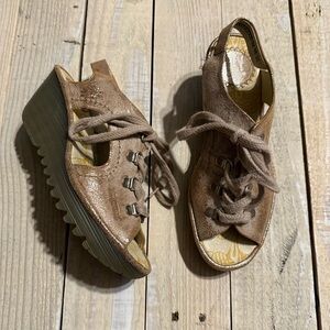 Fly London Cool Luna Rose Gold Lace Up Wedge Sandals Leather